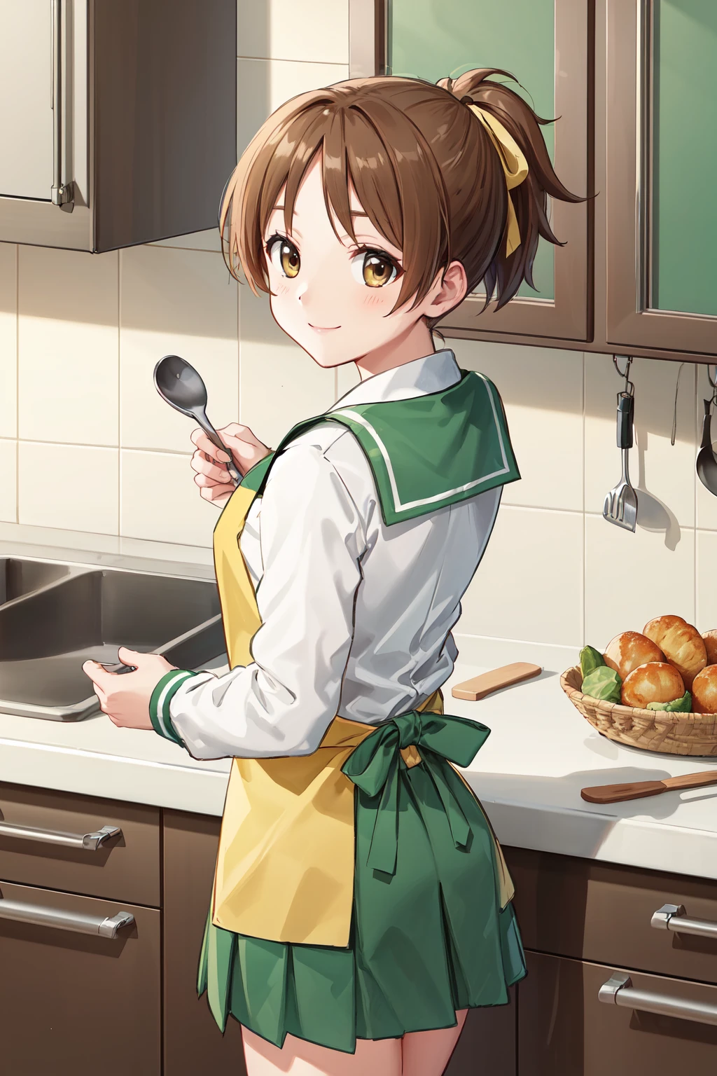masterpiece,best quality,highres,ultra-detailed,aaui,short hair,ponytail,hair ribbon,school uniform,serafuku,green sailor collar,ribbon,(white shirt:1.2),long sleeves,green skirt,white socks,loafers,<lora:hirasawa_ui:0.7>,indoors,kitchen,apron,smile,from behind,