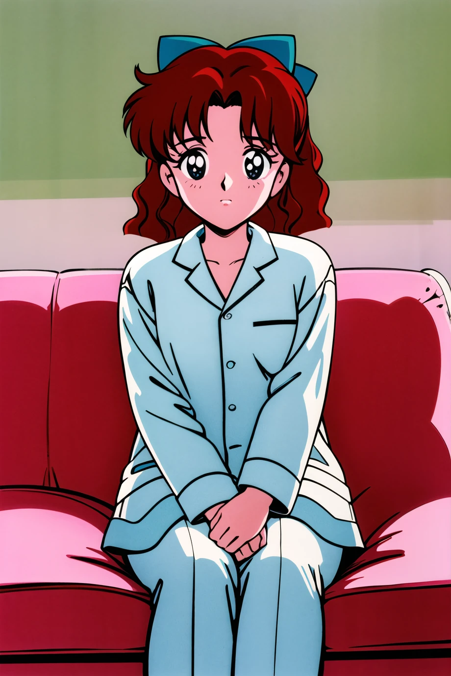masterpiece,best quality,highres,<lora:Osaka Naru:0.6>,Osaka Naru,1990s \(style\),1girl,solo,retro artstyle,red hair,hair bow,pajamas,cowboy shot,couch,sitting,crossed legs,see-through,half-closed eye,looking at viewer,