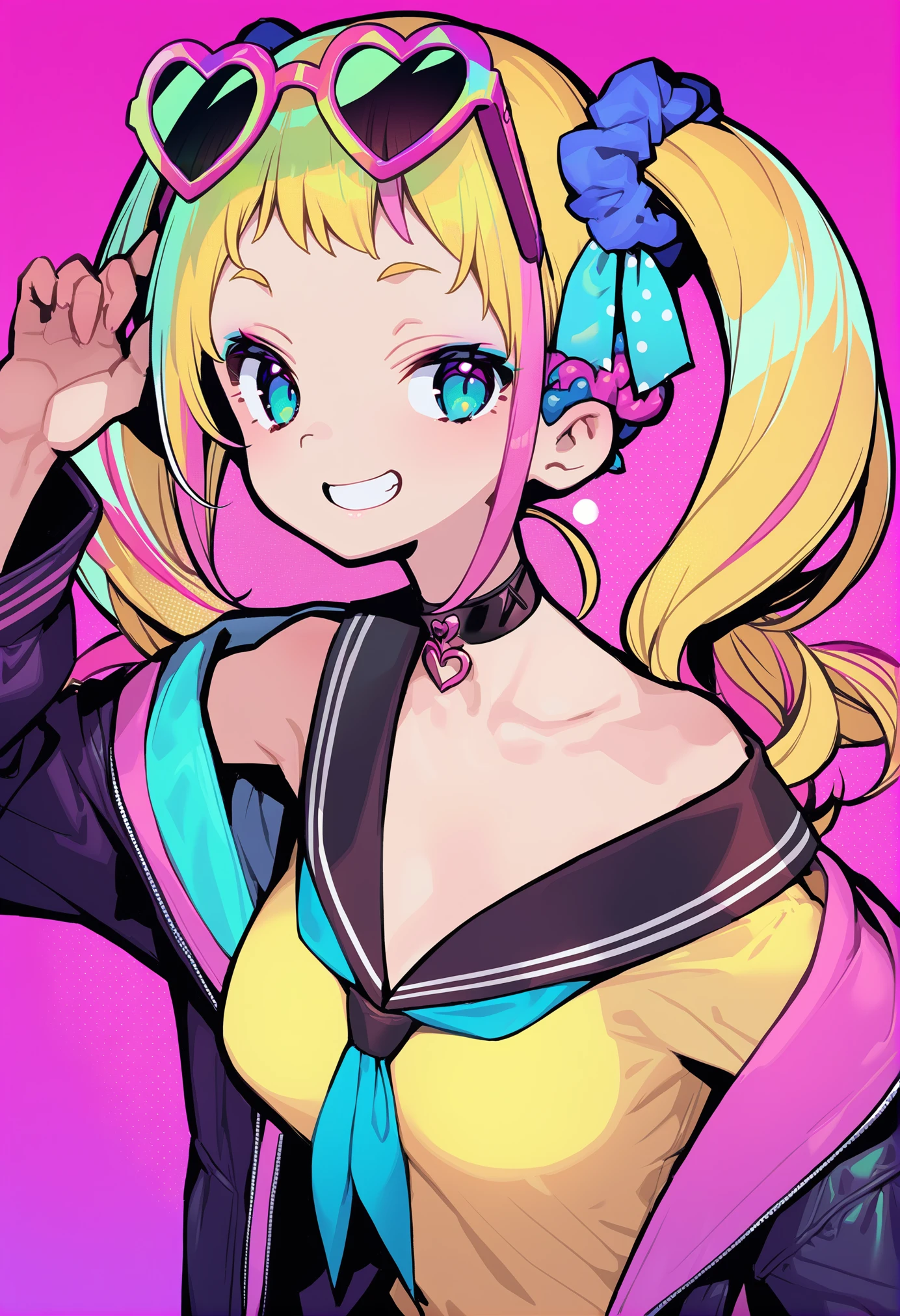 masterpiece, best quality, <lora:DohnaXL_V1:1>
1girl, heart-shaped eyewear, solo, heart, smile, eyewear on head, jacket, blonde hair, choker, sunglasses, pink hair, colorful, twintails, off shoulder, looking at viewer, grin, upper body, multicolored hair, blue eyes, scrunchie, bare shoulders, breasts, collarbone, long sleeves, neckerchief, long hair, yellow shirt, shirt, hair ornament, pink background, sailor collar, adjusting eyewear, polka dot, black choker