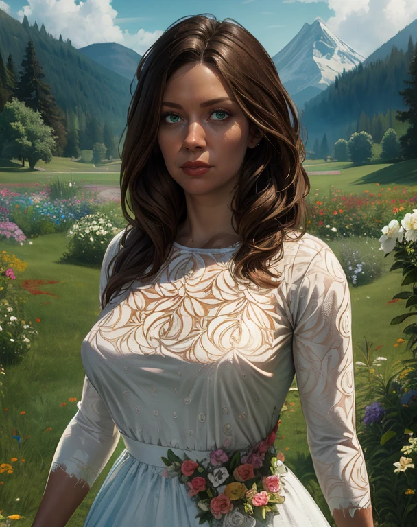 Faith,green eyes,brown hair,
white dress,long sleeves,
outdoors,flowers,country,
standing,upper body,
(insanely detailed, masterpiece, best quality),<lora:FaithSeed:0.8>,