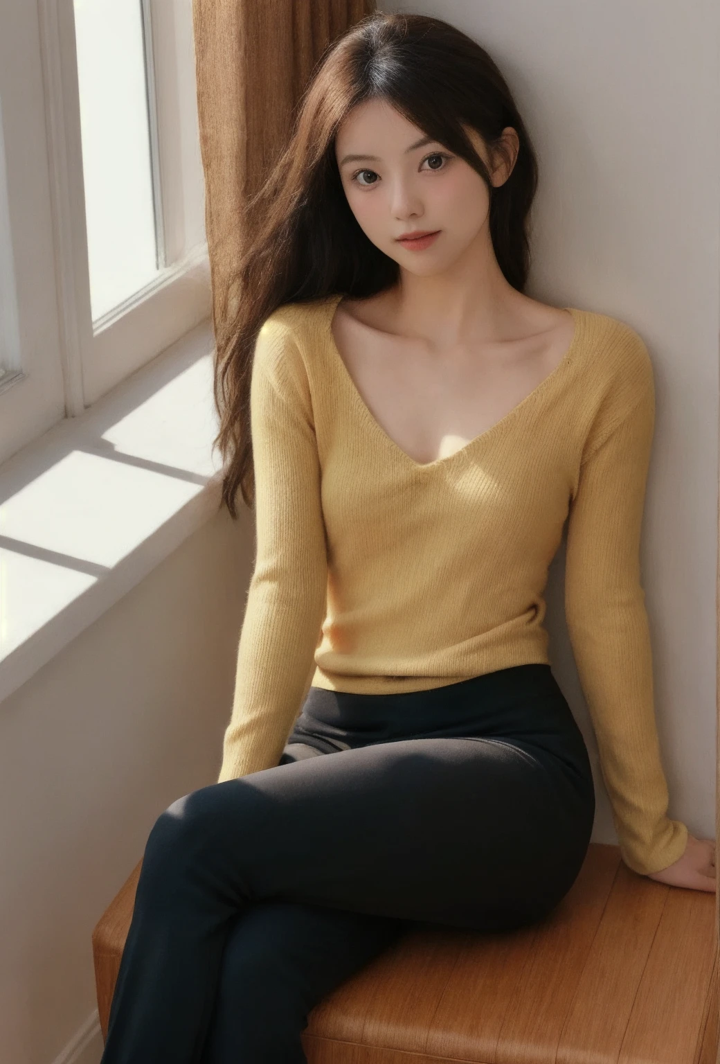 1girl, high quality, looking at viewer, upper body,sitting, yoga pants, ribbed sweater, v-neck, crossed legs,
<lora:yznn_v1-000008:0.68>