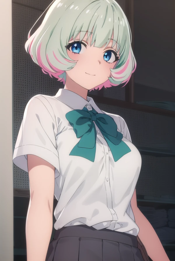 hibikimorishima, <lora:hibiki morishima s1-lora-nochekaiser:1>,
hibiki morishima, short hair, bangs, blue eyes, grey hair, pink hair, multicolored hair, two-tone hair, smile,
BREAK skirt, shirt, thighhighs, bow, school uniform, white shirt, short sleeves, pleated skirt, collared shirt, bowtie, white thighhighs, green bow, pocket, brown skirt, shirt tucked in, breast pocket, green bowtie,
BREAK indoors, classroom,
BREAK looking at viewer, (cowboy shot:1.5),
BREAK <lyco:GoodHands-beta2:1>, (masterpiece:1.2), best quality, high resolution, unity 8k wallpaper, (illustration:0.8), (beautiful detailed eyes:1.6), extremely detailed face, perfect lighting, extremely detailed CG, (perfect hands, perfect anatomy),
