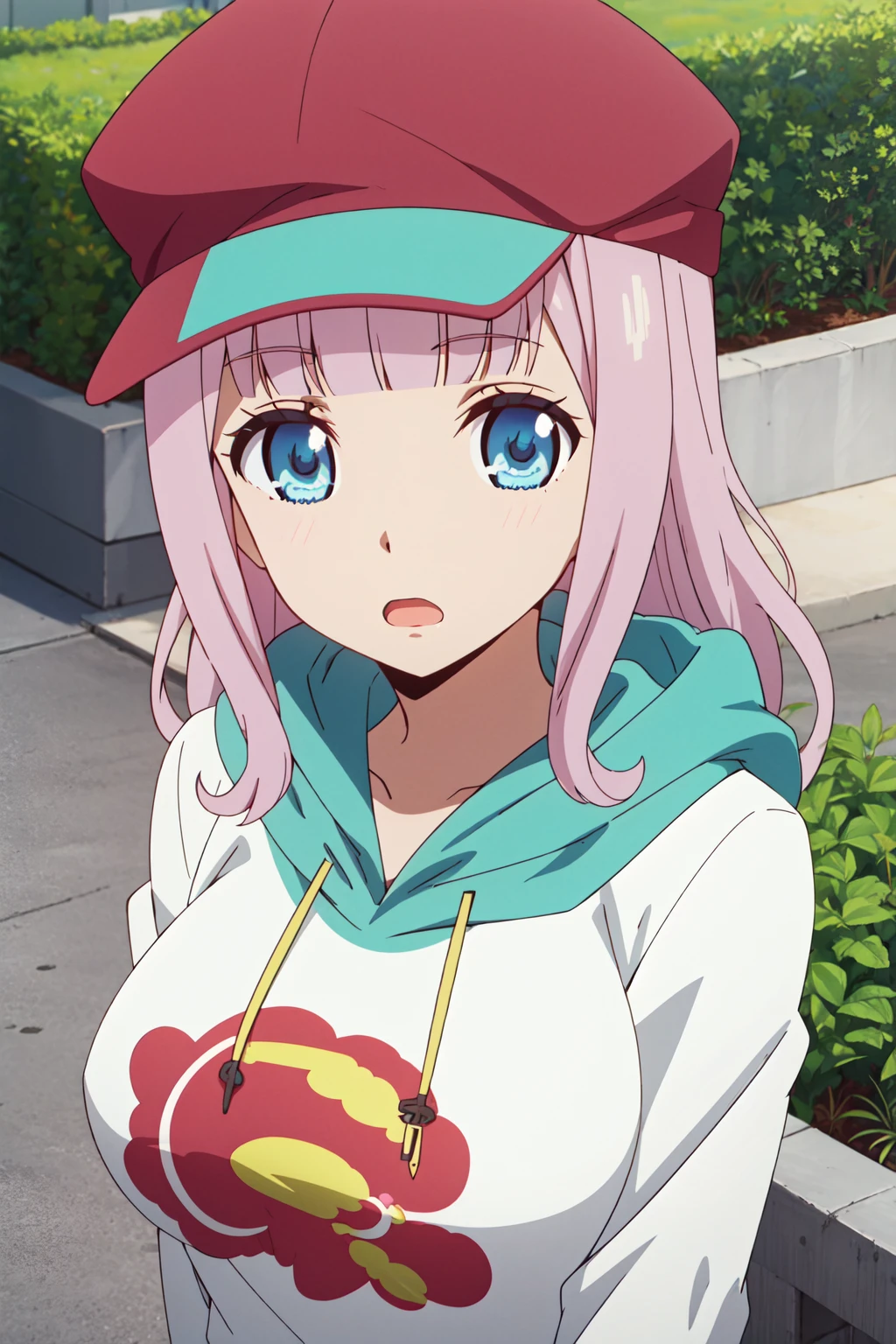 <lora:anime_screencap_v2:0.3> tall body, tall, long legs, mature female, mature, adult, <lora:GoodHands-beta2:1.4>, close up, portrait, upper body
<lora:eft_liw_chika-02:1> eft_liw_chika, fujiwara chika, 1girl, blue eyes, pink hair, hat, hood, long hair, bangs, solo, hoodie, outdoors, baseball cap, long sleeves, upper body, open mouth, blunt bangs, looking at viewer, anime coloring