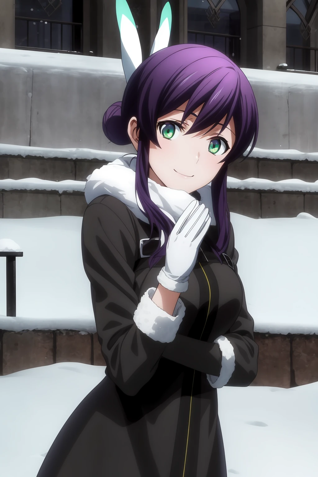 best quality, masterpiece, 1girl, solo, aqua eyes, purple hair, sidelocks, hair bun, single hair bun, look at viewer, smile, mikono_suzushiro, winter dress, winter coat, fur gloves, long pants, day, outdoor