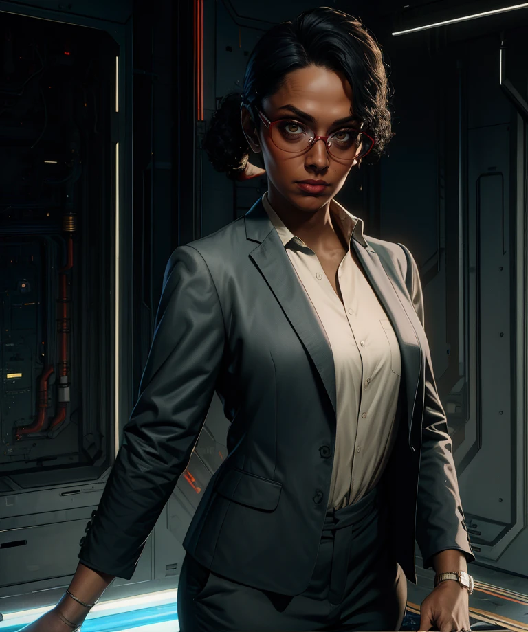 Ingrid,black hair,brown eyes,short hair,curly hair,short ponytail,
red glasses,looking at viewer,
dress pants,long sleeves,suit, white shirt,
science fiction,dim lighting,tech,standing,upper body,
(insanely detailed, masterpiece, best quality),<lora:IngridHunnigan:0.8>,