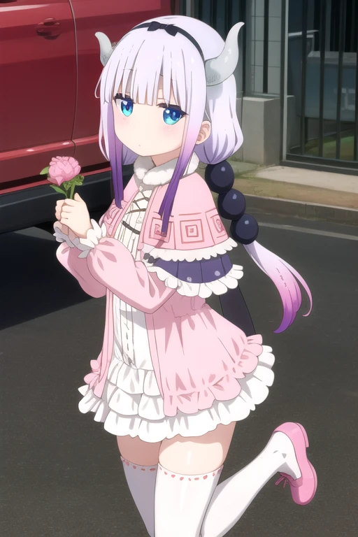 ((masterpiece)),(best quality),official art,extremely detailed CG,unity 8k wallpaper,ultra detailed,beautiful detailed eyes,extremely detailed face,1girl,solo,cowboy shot,looking at viewer,facing viewer,jitome,deadpan,dragon_girl,dragon_horns,black_hairband,long_hair,low_twintails,multicolored_hair,gradient_hair,light_purple_hair,hair_ornament,hair_beads,blunt_bangs,blue_eyes,capelet,dress,tail,white_thighhighs,pink_footwear,shoes,<lora:Kanna Kamui(kscnm)>,
