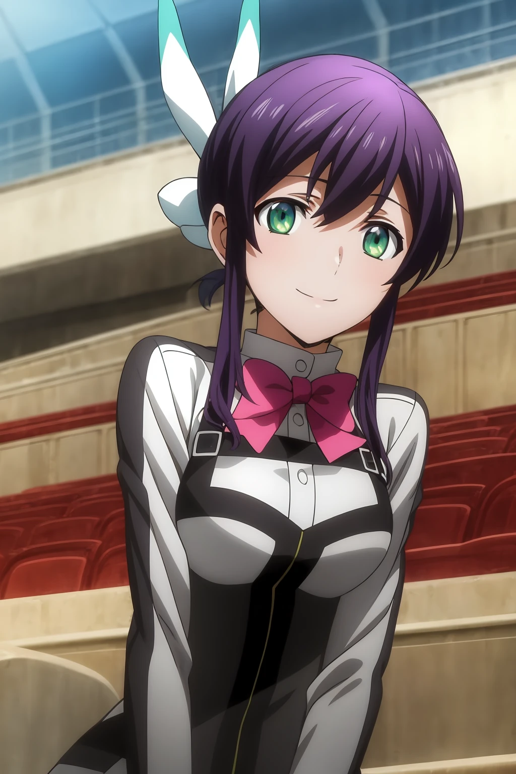 best quality, masterpiece, 1girl, solo, smile, hair ornament, bow, aqua eyes, purple hair, sidelocks, pink bow, anime coloring, mikono_suzushiro