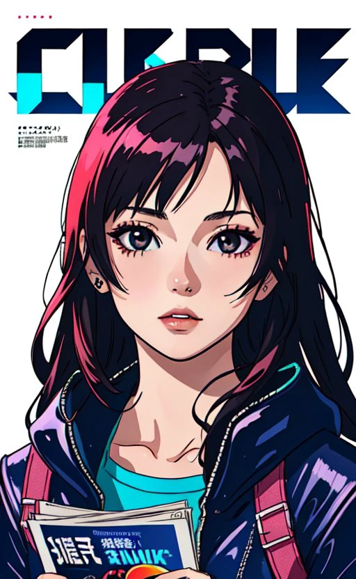 1 girl, 18 years, photorealistic, dark hair, dark eyes, cyberpunk outfit, simple background, magazine cover
