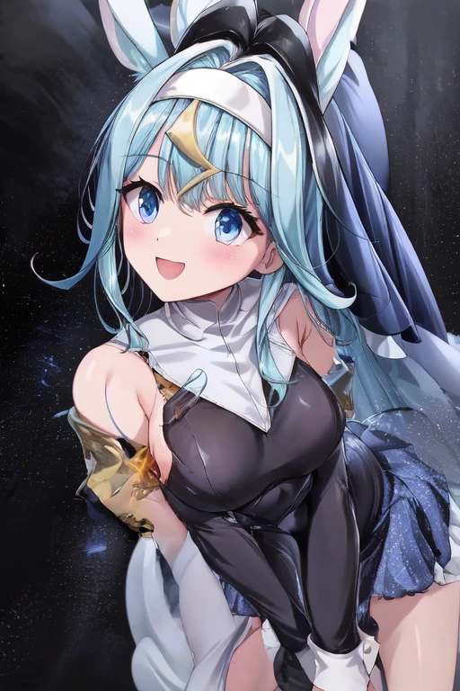 clara, 1girl, bangs, blue eyes, blue hair, eyebrows visible through hair, hair between eyes, long hair,multicolored hair, smile,
animal ears, aqua hair, blue eyes, bow, detached collar,fake animal ears, hair ornament, long hair, open mouth, solo, tail, thigh gap, very long hair, wrist cuffs,
hair bow, hair ornament, rabbit ears, ((((nun outfit:1.23))))
<lora:CLARA-PC-V2-000002:0.7>,  <lora:add_detail:1.1>,  <lora:hyperrefiner_v090:1.3>