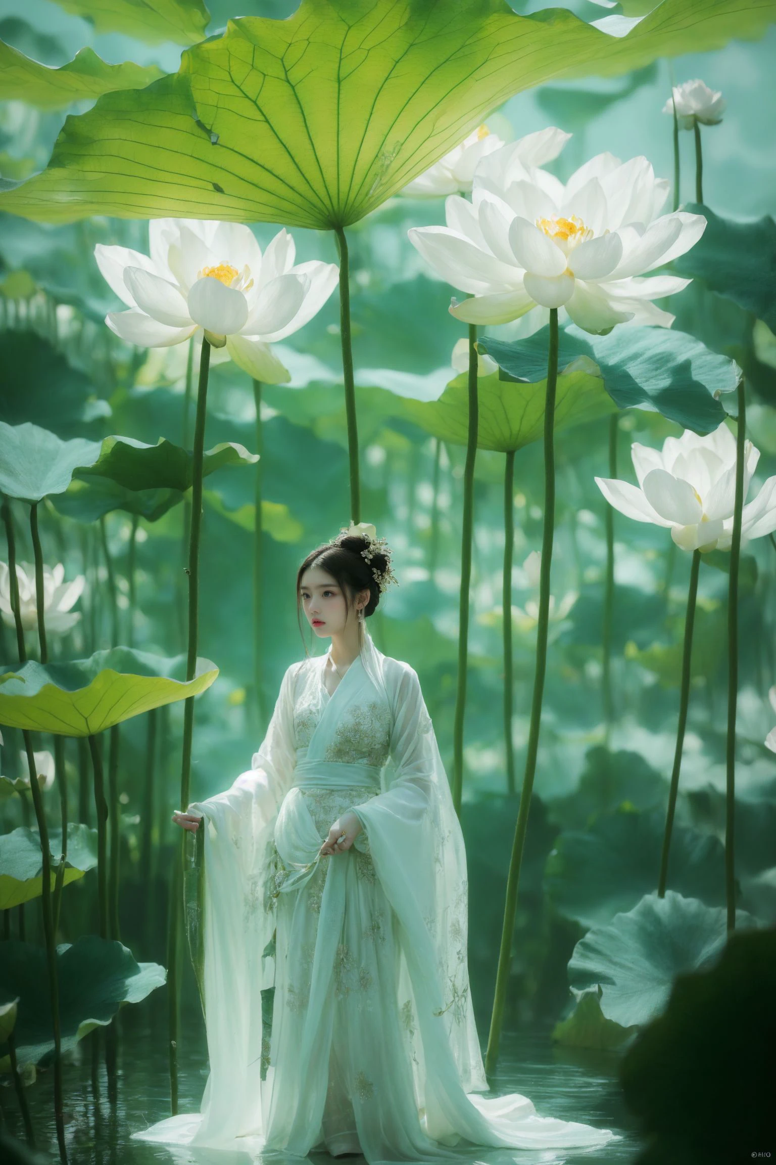 ultra high resolution,((masterpiece))),(((best quality))),((super detailed)),((extremely delicate and beautiful)),cinematic light,detailed environment,(real),cinematic light,detailed environment,(real),
(RAW photo, 4k, realistic, exquisitely detailed skin :1.3),masterpiece,best quality,an award-winning work,ultra detailed,depth of field,cinematic angle,cinematic light,low key,dark scene,(soft warm laterial lighting:1.2),(hdr:1.4),
(hyperrealism, soft light, sharp),(hyperdetailed:1.2),cinematic lighting,explosions,over exposure,intricate details,magazine cover,dynamic angle,chiaroscuro,emotional impression,
(realistic, photo-realistic:1.37),extremely detailed,photography,8k,Amazing,finely detailed,best quality,ultra high res,
xuer Lotus leaf,1girl,(full body:1.1),hanfu,chinese clothes,long sleeves,jewelry,Dynamic Angle,Perspective,extremely beautiful skin,natural skin texture,beautiful and aesthetic,atmospheric,extremely detailed background,(shiny skin:1.5),
<lora:~Q?-wS xuer Lotus leaf:0.8>,