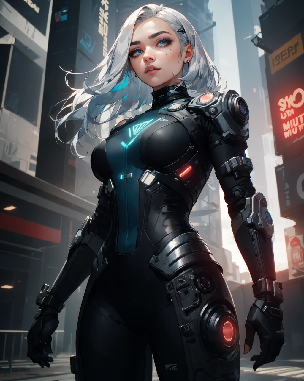 best quality,masterpiece,highly detailed,ultra-detailed, <lora:neg4all_bdsqlsz_V3.5:-1>,1girl, <lora:cartoonisationer-V3-8:1.75>, 1girl, A cyborg donning a high-tech exoskeleton with a sleek, jet-black finish and illuminated Tron-like patterns. The synthetic skin seamlessly blends with the metallic components, creating a visually captivating appearance. The clothing is composed of adaptive, stealth-oriented materials with minimalistic design elements, enhancing the cyborg's covert and sophisticated aesthetic. The hair is styled in a sharp, angular cut, complementing the overall sleek and high-tech look. mechanical arms, mecha musume, impossible clothes, mechanical parts, gameplay mechanics, Minute ,, narrow waist, Geometric Undercut with LED Strips - Silver , fantastic details full face, dot nose,detailed Doll-like eyes, turquoise iris, straight eyebrows, pastel blue beautiful Detailed Eyes, lips at in Cyberpunk 2077 ,The Arasaka Tower, a massive skyscraper that serves as the headquarters for the Arasaka Corporation. It's heavily guarded and is rumored to hold dangerous secrets. , extremely detailed eyes, fantastic details full face