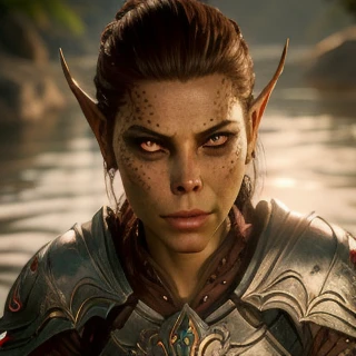 breathtaking cinematic photo cinematic film still ,Photo , photo real, POV SPYING on (laezel :1.4) bathing in stream at dusk, cat pupil, body spots, githyanki freckles , standing forgotten realms, detailed,(green skin:1.2), ifbb, detailed skin, black hair, war paint, yellow eyes, Warrior At Camp, alluring, photo realistic, BG3, inviting, joyful, welcoming, lae'zel smiling <lora:laezel-000006:0.7>photo by Baldur's Gate 3, big budget film, cinematic , shallow depth of field, moody, . shallow depth of field, vignette, highly detailed, high budget Hollywood movie, bokeh, cinemascope, moody, epic, gorgeous, film grain, grainy . 35mm photograph, film, bokeh, professional, 4k, highly detailed . award-winning, professional, highly detailed