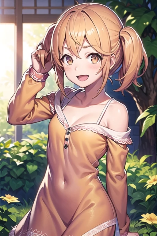 gm-minori-1, smile, 1girl, solo, shy, open mouth, flower dress, adjusting hair, short twintail, hair over shoulder, looking at viewer