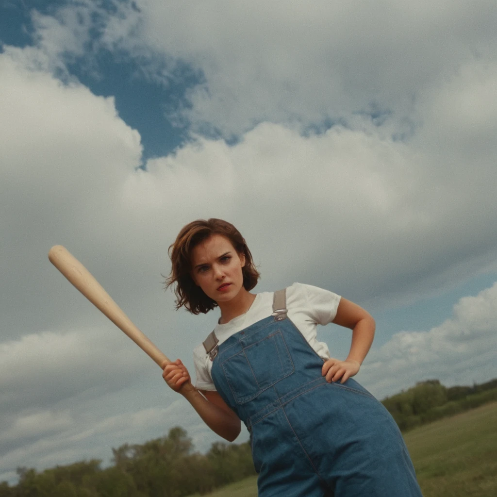 cinematic film still of <lora:rotated view Style:1> Dutch Angle Style
rotated view, a woman holding a baseball bat on a cloudy day,1girl,solo,looking at viewer,short hair,brown hair,shirt,holding,upper body,short sleeves,sky,day,looking down,forehead mark,realistic,overalls,blue overalls,Dutch Angle Style,Dutch tilt Style,canted angle Style,or oblique angle Style,cinematic film look,dramatic light , rotated view, shallow depth of field, vignette, highly detailed, high budget, bokeh, cinemascope, moody, epic, gorgeous, film grain, grainy