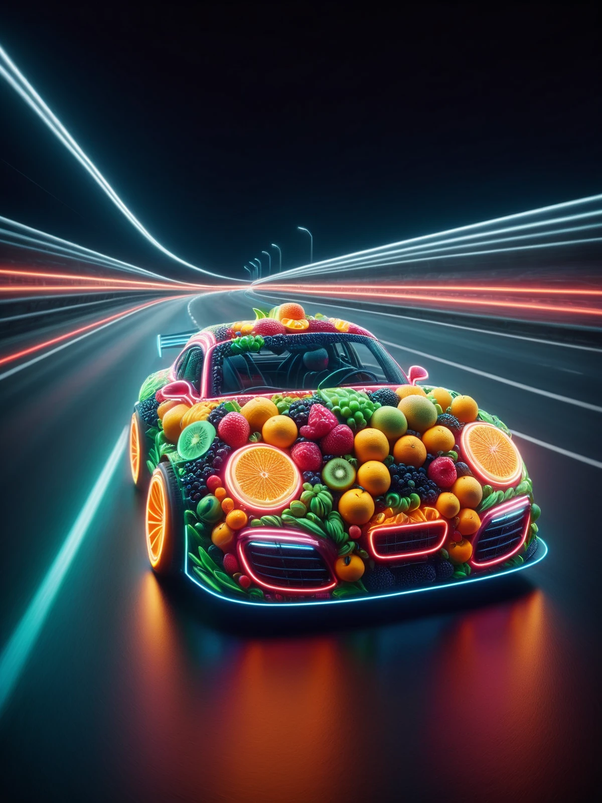 mad-frts race car on highway, man behind wheel, motion blur, depth of view, neon, fruits <lora:Neon_Fruits_Style_SDXL:1>, masterpiece, best quality, ultra high res, (photorealistic, realistic:1.2), deep shadow, raw photo, film grain, Fujifilm XT3, 8k uhd, dslr