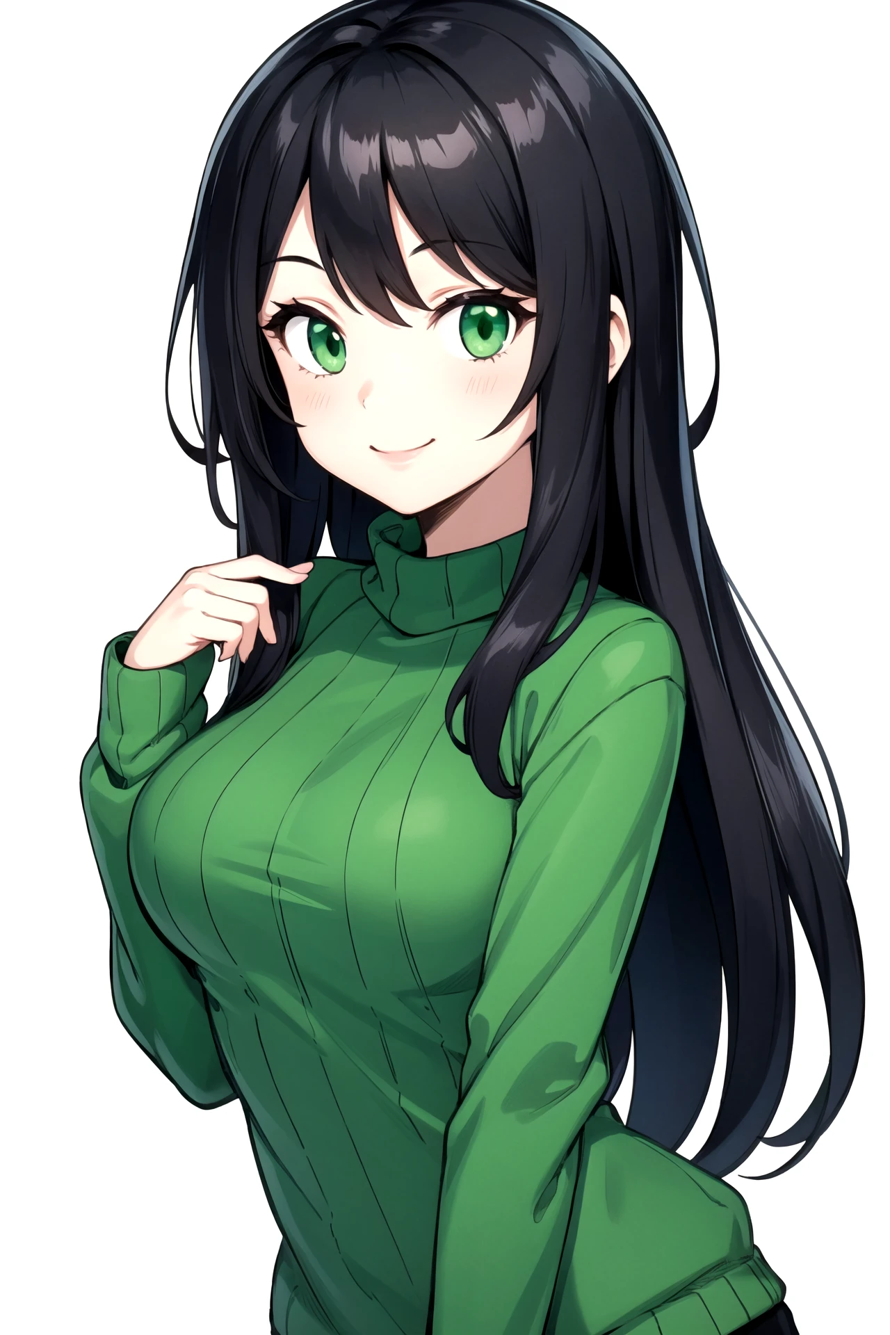 1girl, black hair, long hair, green eyes, smile, green sweater, medium breasts, simple background, white background,