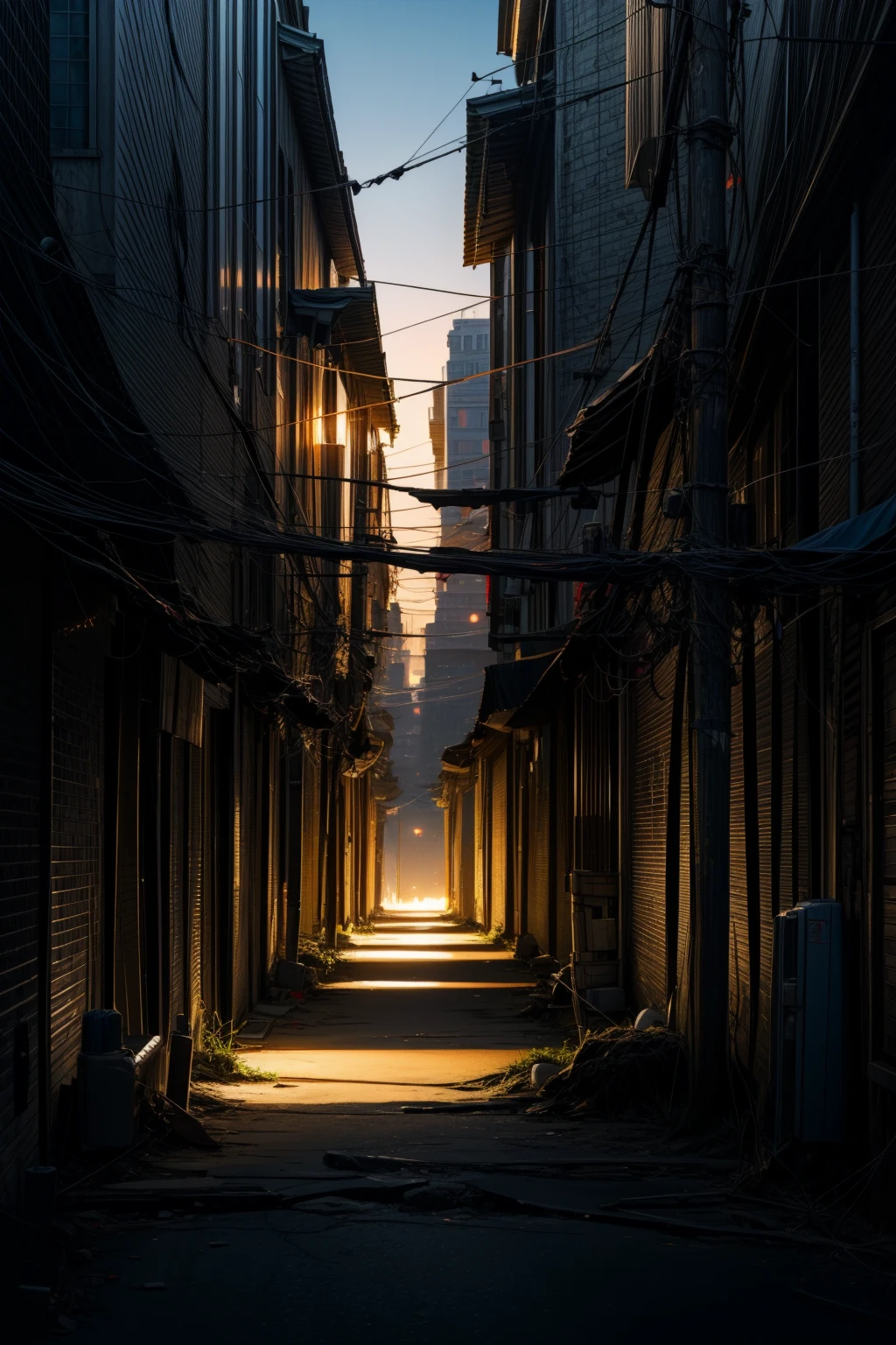 outdoors,no humans,<lora:0180 Messy urban village_v1:1>,ruanyi0180,utility pole,power lines,clothesline,<lora:add_detail:1>,<lora:nighttime_v1:1>,, best quality,masterpiece,highres,official art,extremely detailed cg unity 8k wallpaper
