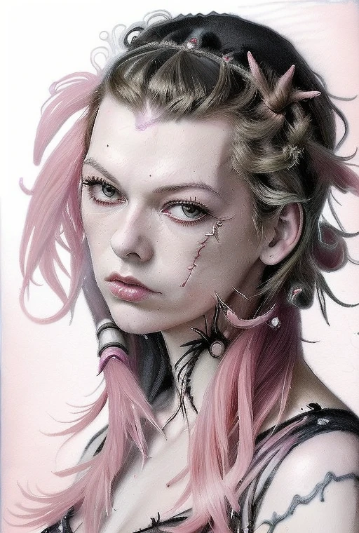 In hell，The defeated goddess，pink short hair，Pink pupils，Hands are tied in chains，Beggars short sleeves，Red shorts，spread their legs，The whole body is covered with tattoos