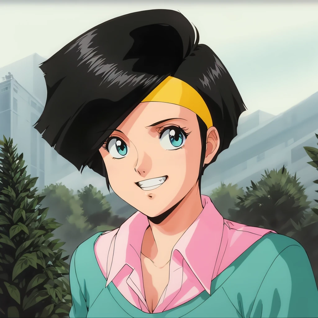 <lora:LinnaYamazaki002:0.7>,<lora:add_detail:0.5>,<lora:noline:0.3>,<lora:boldline:-0.3>,grin,
LinnaYamazaki,1girl,
headband,
pink collared shirt,green outerwear,