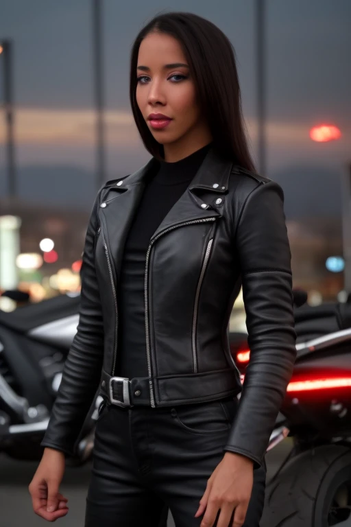 cinematic film still a photo of Lia.Lin, high cheekbones,  motorcycle outfit, standing in front of motorcyle, <lora:LiaLin:1> . shallow depth of field, vignette, highly detailed, high budget, bokeh, cinemascope, moody, epic, gorgeous, film grain, grainy