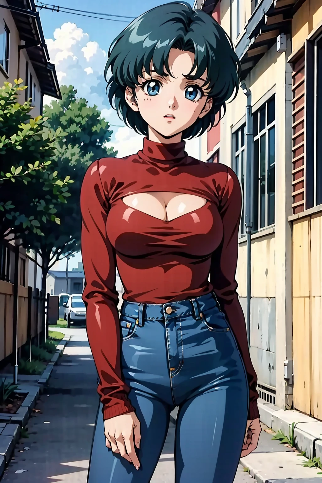 masterpiece, best quality, 1girl, solo, looking at viewer, anime screencap,1990s \(style\), street, house, cowboy shot,  <lora:EPsmSailorMercury-07:0.7>, EPsmSailorMercury, short hair, blue hair, blue eyes,
BREAK
red sweater, turtleneck, cleavage cutout, cleavage, sweater tucked in, jeans