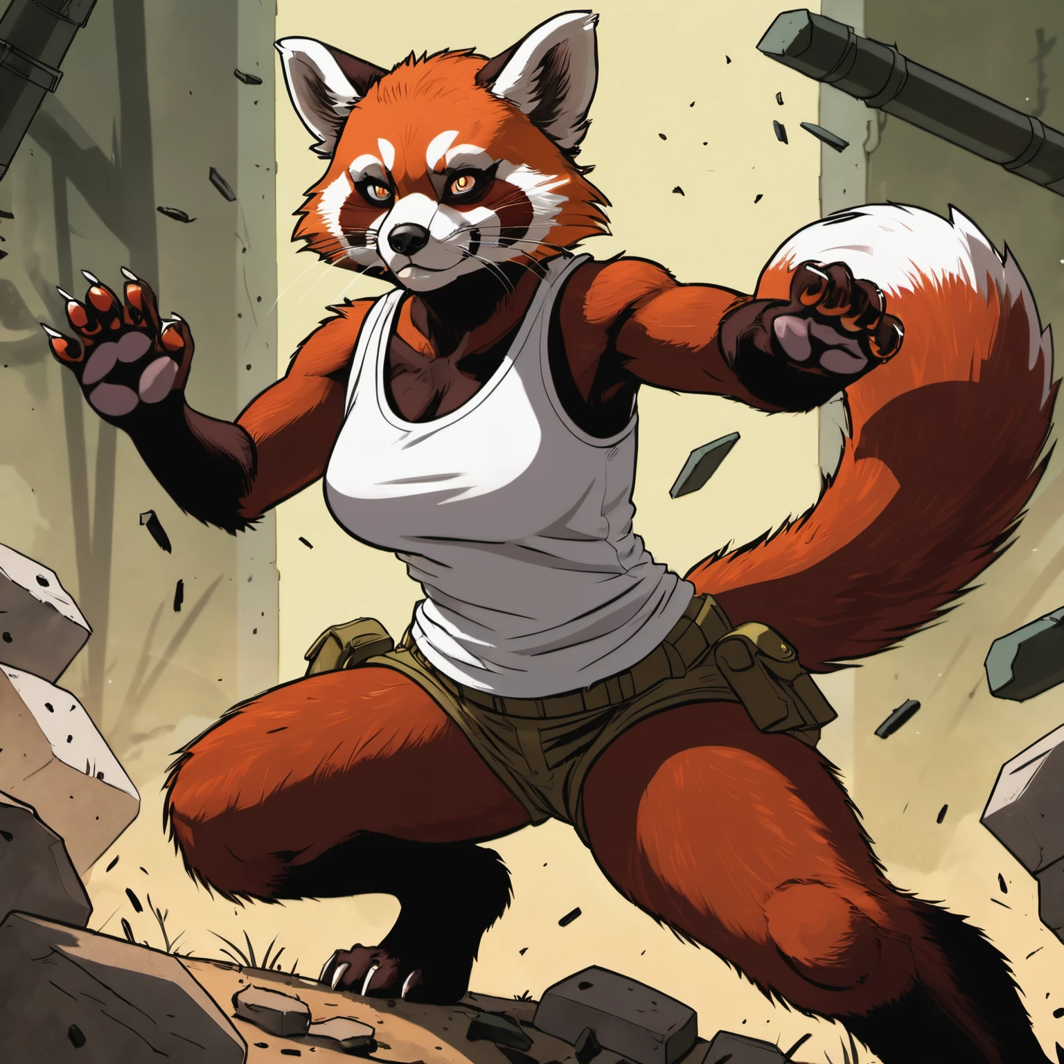 Closeup of an anthro furry red panda female wearing a loose white tank top,fighting in ww1 trench, paws, paw pads towards viewer, Retro style artwork, comic book art, high details, comic book cover, symmetrical, vibrant colors