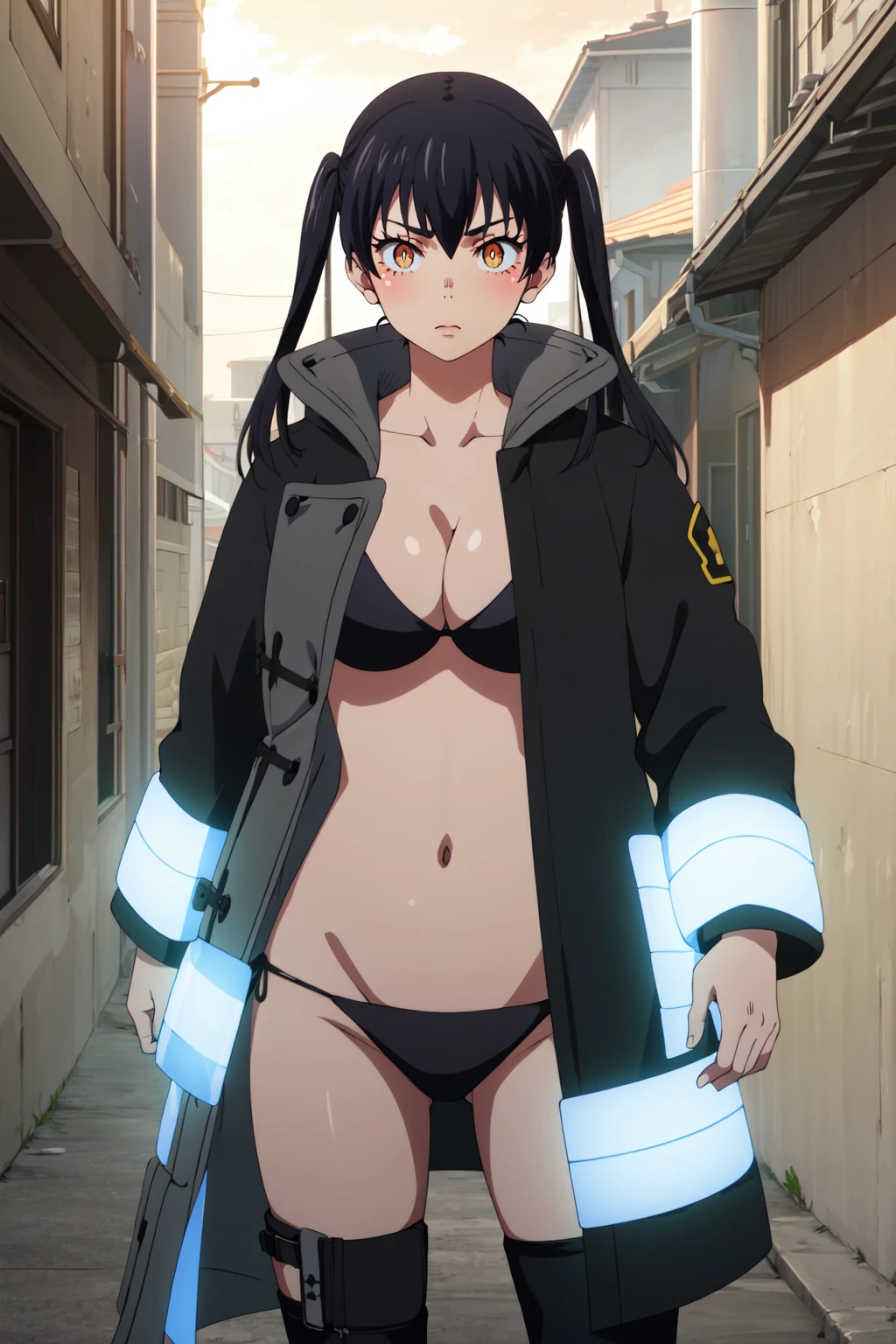 Tamaki (Fire Force), Black bikini, Black Jacket with blue stripes tamaki, twintails, black hair, yellow eyes, bangs, long hair, hair between eyes, full body, lovely