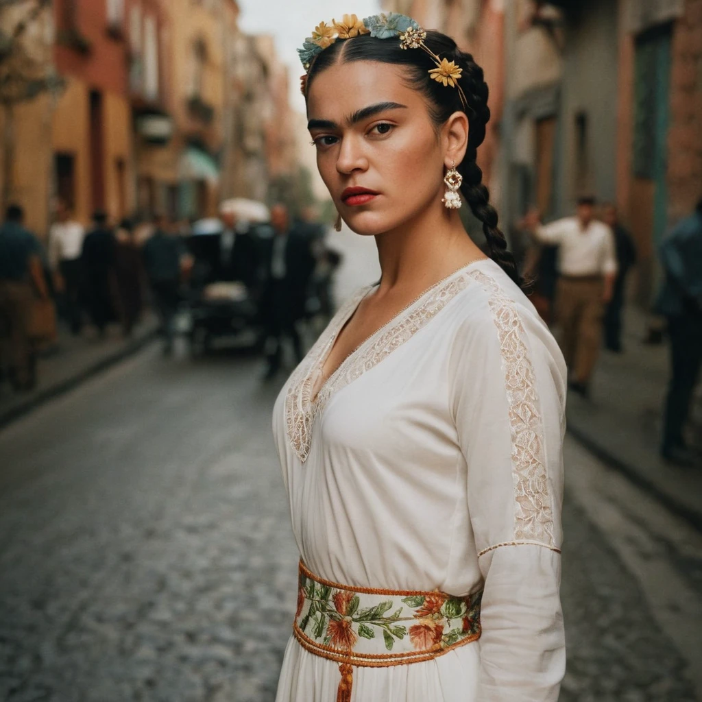 frida kahlo,hair ornament ,elegant white dress,at the city night,((angry:1,art))) ,<lora:Detail Slider V2 By Stable.safetensors :1.0>,<lora:Frida_Kahlo_by_DevDope-000009.safetensors :1.0>