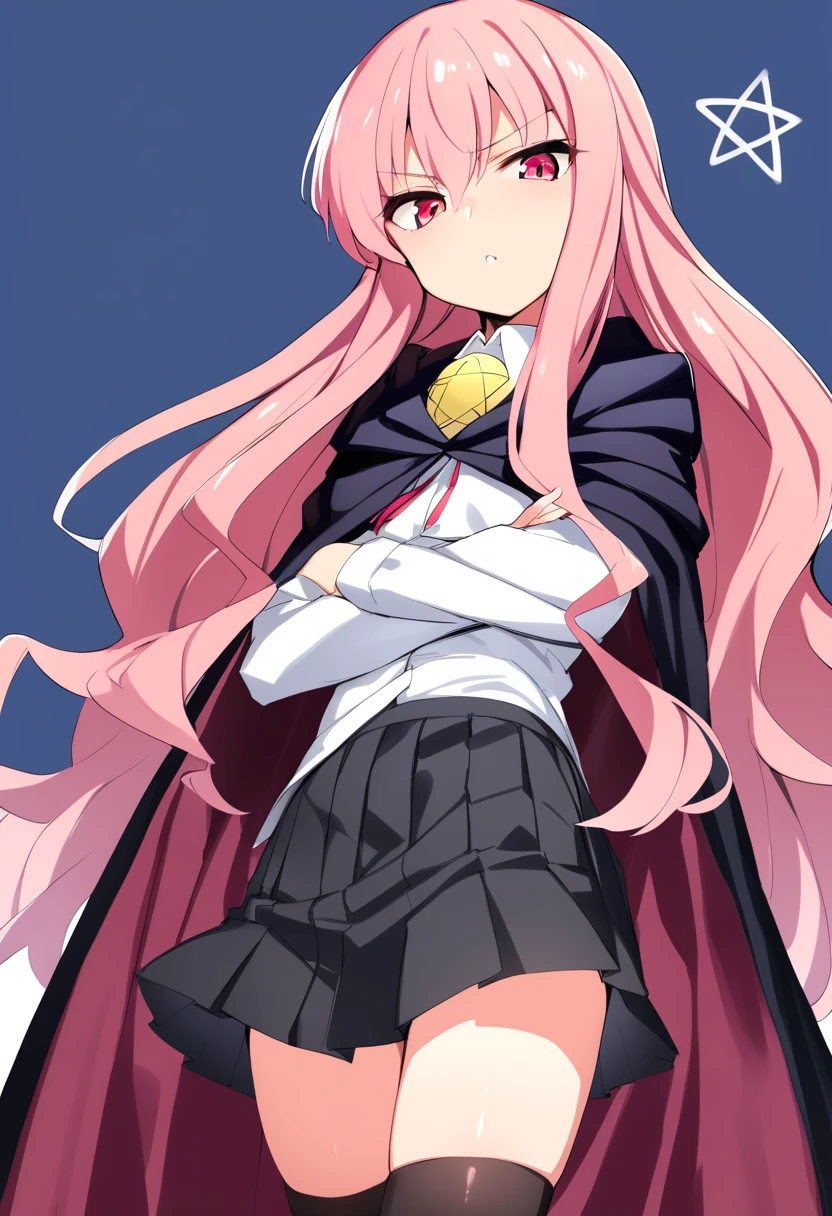 1girl, louise francoise le blanc de la valliere, :d, black cape, black footwear, black skirt, black socks, blush, cape, collared shirt, cowboy shot, hair over shoulder, leg up, long hair, long sleeves, looking at viewer, navel, open mouth, pink eyes, pink hair, pleated skirt, shirt, shoes, sidelocks, simple background, skirt, smile, socks, solo, standing, standing on one leg, v, white background, white shirt, absurdres, highres, masterpiece, best quality, mid, <lora:char - louise francoise le blanc de la valliere - v1 - bionagato:1>