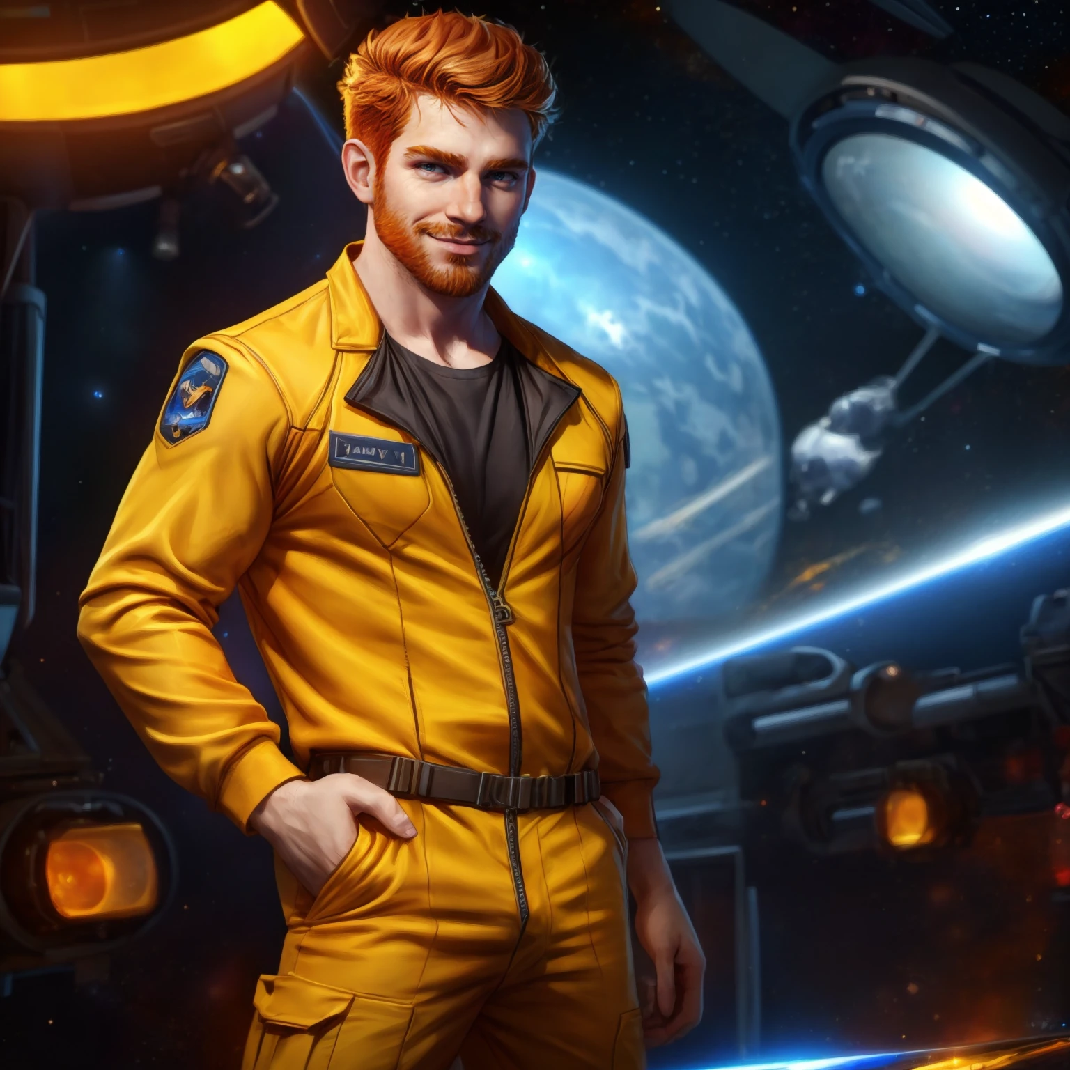 solo, stubble, looking at viewer, spacecraft, science fiction, 1boy, pose, ginger hair, fair skin, smirk, dynamic pose, jumpsuit, tool belt, space, hairy, best quality, depth of field, cinematic lighting, bokeh