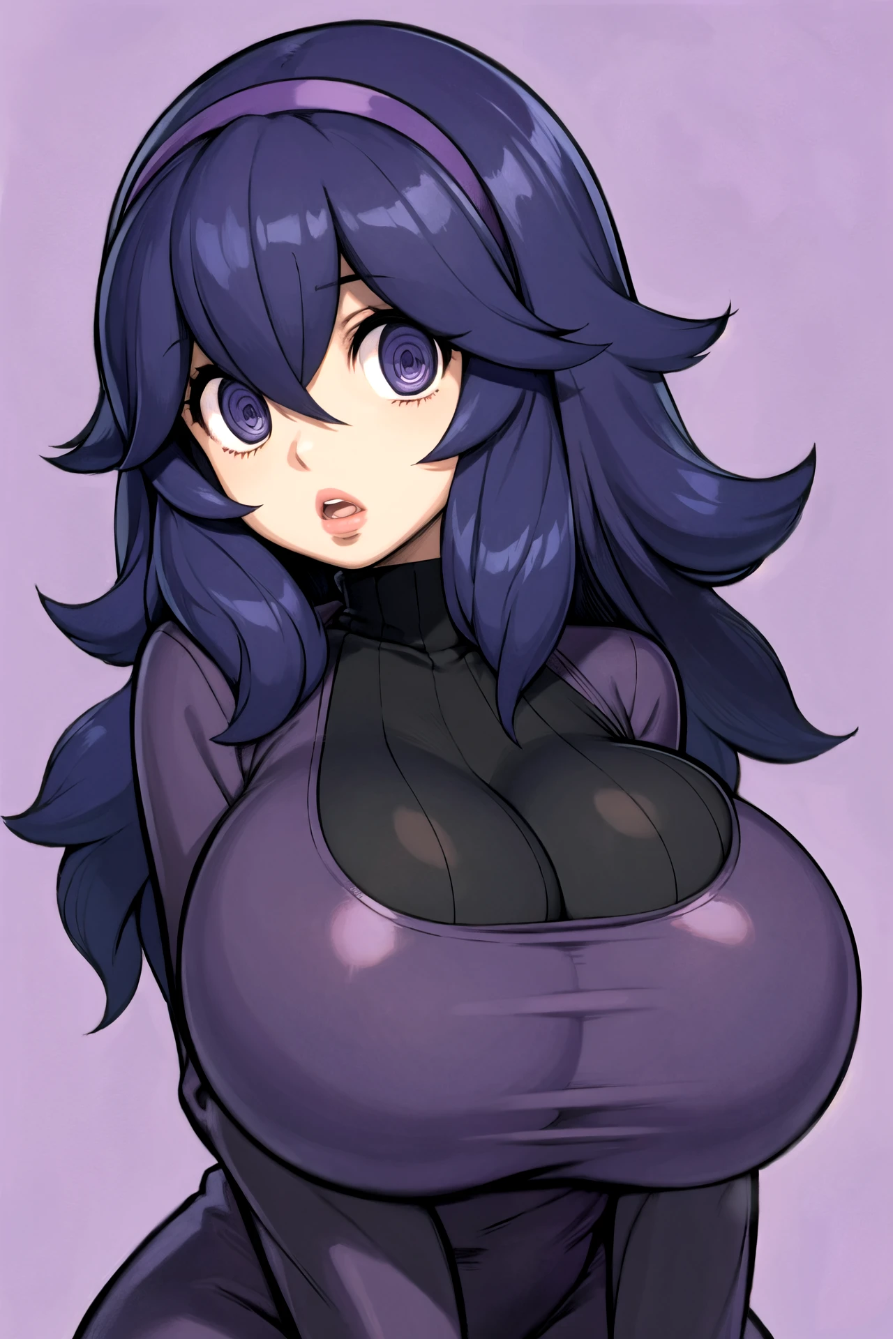 1girl, solo, lips, large breasts, <lora:cleavagebulge:1> simple background, <lora:Hex Maniac01:1> occult,long hair,hairband,@ @,1girl,purple hairband,dress,messy hair,breasts,hair between eyes,looking at viewer,solo,bangs,purple hair,open mouth,purple eyes,simple background,long sleeves,