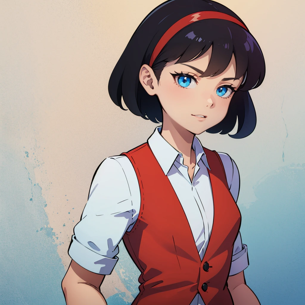 1girl, solo, black hair, blue eyes, red headband, short hair, shirt, red vest, bea, blue pants, <lora:Bea_MightyMax_Leaf3-any:0.6>