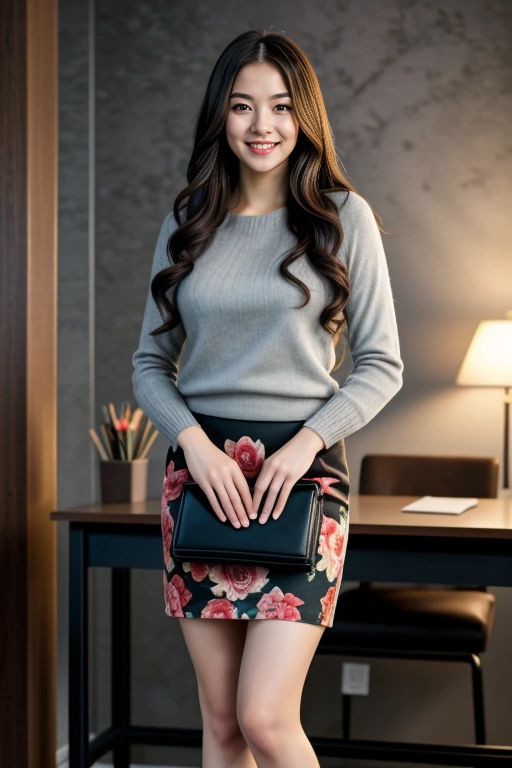 ((Masterpiece, best quality, cinematic lighting, 8k, full body shot, long hair, hour glass body)), (smile:0.85), (realistic background)
<lora:Floral_Sweater_Skirt_By_Stable_Yogi:1> grey sweater, black skirt, floral print, office environment, hand bag