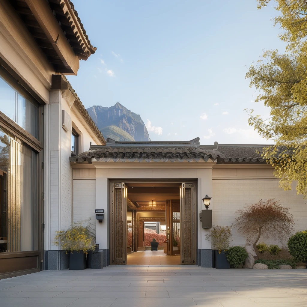 <lora:JJsChineseStyleHouse:0.7> ,((Chinese Style House)), building,masterpiece , best quality, RAW photo, subject, 8k uhd, dslr, soft lighting, high quality, film grain, Fujifilm XT3, outdoors, sky, day, cloud, tree, blue sky, ground vehicle, building, scenery, road, lamppost, real world location,, door,entrance, beam,column, window,trees, sunlight, public blocks,daytime, mountains, lively city streets, enough detail, high resolution, 8k, HD, super realistic, Photorealistic, highly detailed, door, fense, gate,
