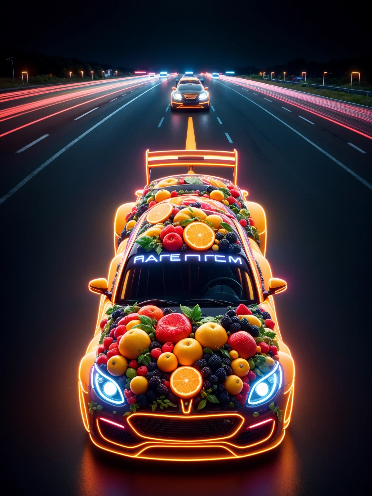 mad-frts race car on highway, man behind wheel, motion blur, depth of view, neon, fruits, <lora:Neon_Fruits_Style_SD1.5:0.6>, masterpiece, best quality, ultra high res, (photorealistic, realistic:1.2), deep shadow, raw photo, film grain, Fujifilm XT3, 8k uhd, dslr