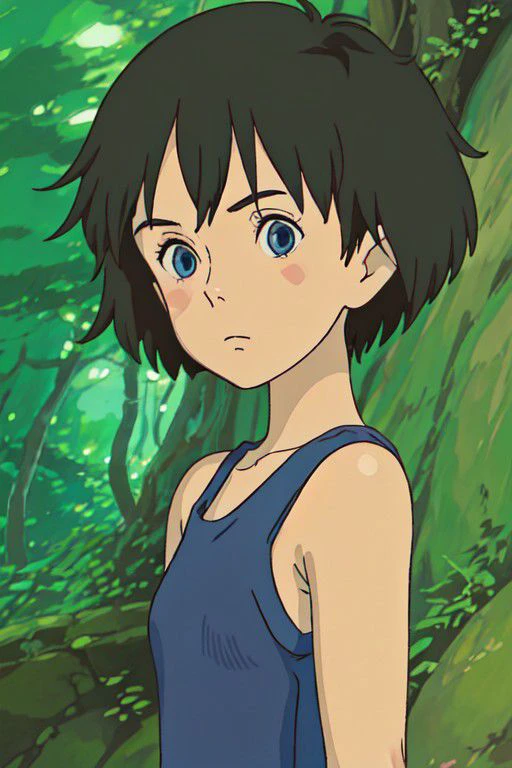 annasasaki, brown hair, blue eyes, ghibli, short hair, pixie cut, blue tanktop