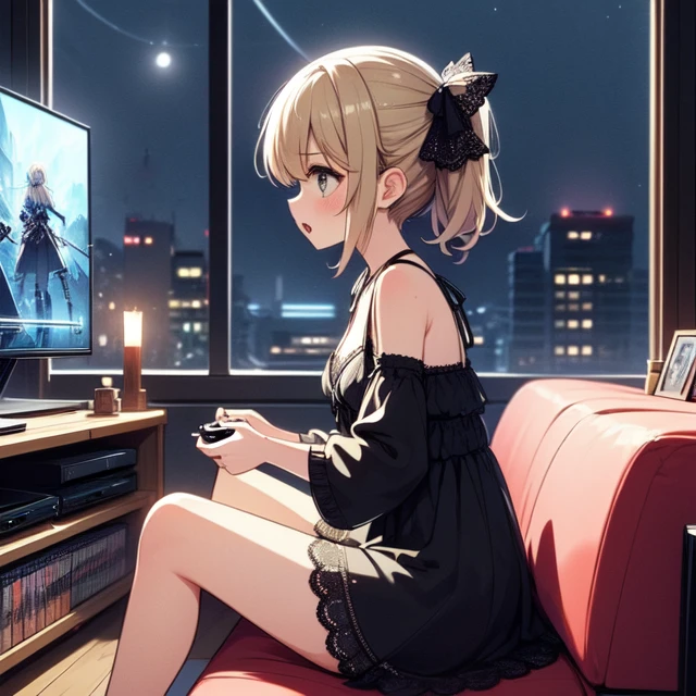 (((masterpiece))), (((best quality))),  (((from side))), (((playing videogame))), ((RPG game interface on TV)), manga bookcase, playstation, solo, 1girl, ((sitting on sofa)), cleavage, big tits, ribbon, blonde shorthair, ((black lace dress)), love, open mouth, shy, blush, petite figure proportion, wooden floor, CD, dolls, table, poster, ((window)), (((night view))), <lora:girllikevideogame:1>