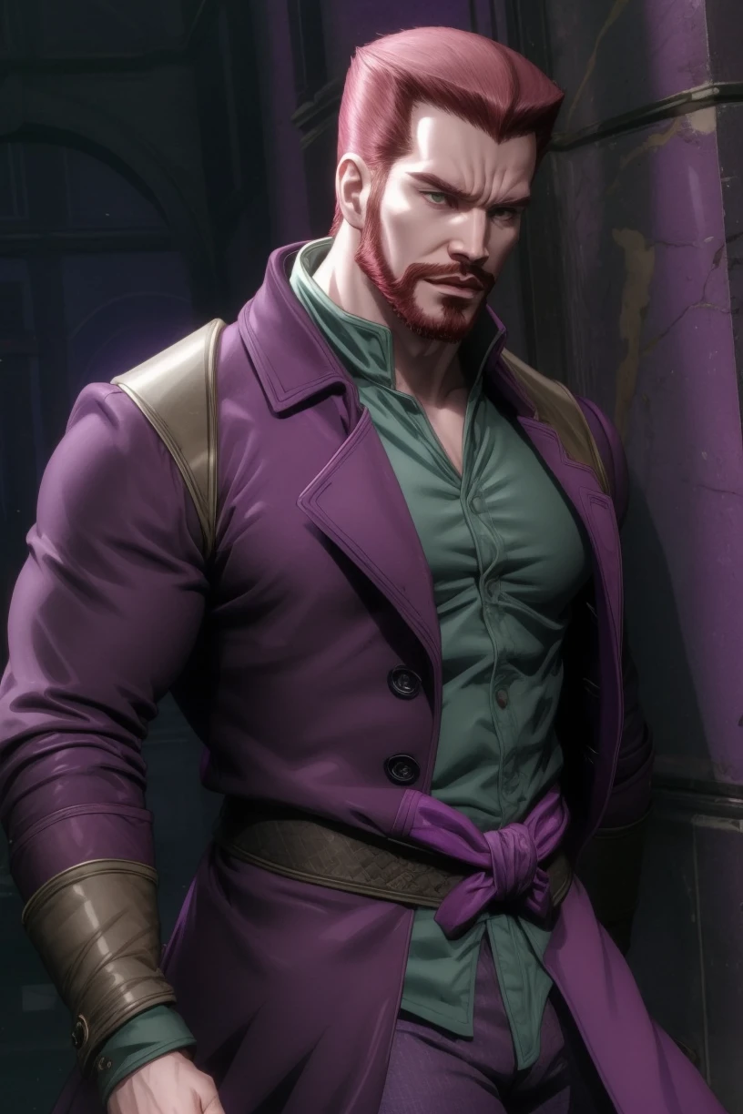 1boy, <lora:JackTheRipperJojo:1>, jacktheripper, muscular, pale skin, purple coat, portrait, solo