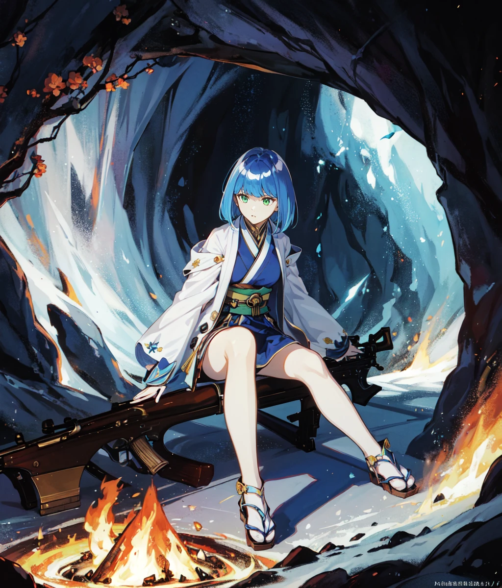 masterpiece, high res, anime screencap, 1 girl, solo, rifle, sitting, inside a cave, ice cave, closeup, bondfire, indoors, blue hair, short hair, green eyes, japanese clothes, blue outfit, bare legs, one hightigh, full body, cowboy shot <lora:Horo:1>