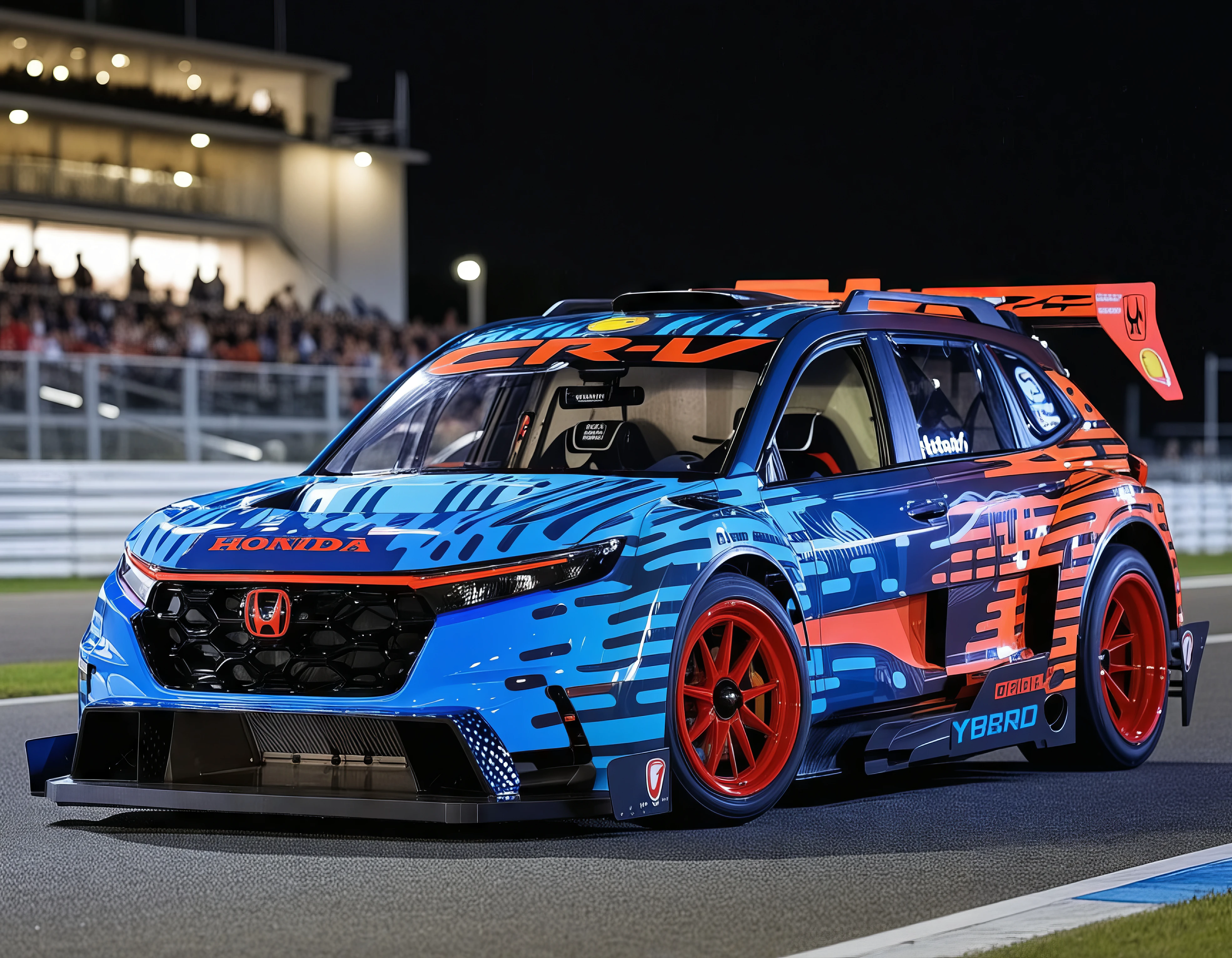 RAC3R, red white blue livery, prestigious racing circuit, dawn light, grandstands filled with spectators, blurred background, golden hour, Canon EOS-1D X Mark III, Canon EF 70-200mm f/2.8L IS III USM lens, Luca Martini photography, award-winning composition, speed, action, motorsport inspiration
A blue and orange racing car with "Honda" and "CRV Hybrid" branding,