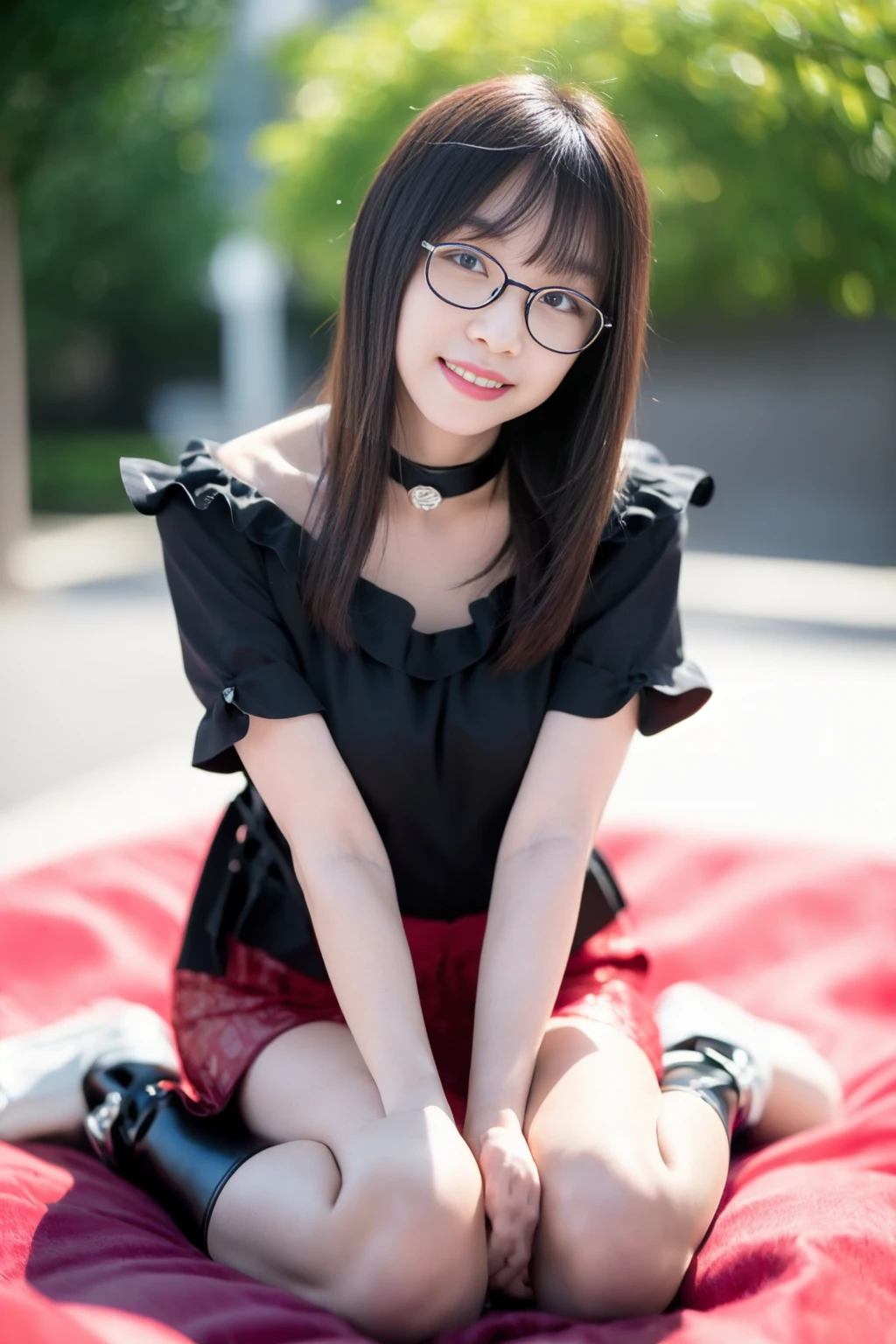<lora:mayu_v01:0.9>,
(8k, RAW photo, best quality, masterpiece:1.2), (realistic, photo-realistic:1.37), omertosa,1girl, blurry background,lake, sunlight,professional lighting, photon mapping, radiosity, physically-based rendering, backlight bokeh, blurry background, mature,((black choker)), red lips, student ,((lights shinning on the face))
((full body,full_body,full-body)),
((thin leg, thin thigh, slim leg, slim thigh, long leg, light shinning on the leg, glowing leg, light shinning on the feet, glowing feet)),
jean shorts,
((black legwear:1.2, pantyhose:1.2))
,dress
,
((stuart weitzman 5050 boots:1.2))
,
sunlight, ((outdoors)) ,((light shinning on the hair))
navel-baring shirt,bare shoulders,
((bob haircut)), ((floating hair)), black hair,straight hair, glowing hair,
135mm lens,gold-rimmed glasses,,big breast,red lips,smile