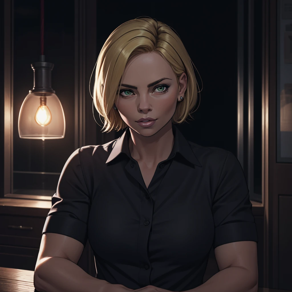 Best_QualityPos, RAW photo, intricate details, best quality, 8k uhd, soft lighting, 1girl, solo, charlize theron, green eyes, short hair, blonde hair, black collared shirt <lora:Charlize_Theron:0.3> <lora:LowRA:0.6>