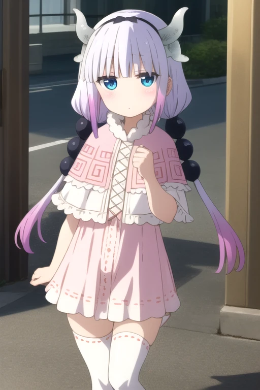 ((masterpiece)),(best quality),official art,extremely detailed CG,unity 8k wallpaper,ultra detailed,beautiful detailed eyes,extremely detailed face,1girl,solo,cowboy shot,looking at viewer,facing viewer,jitome,deadpan,dragon_girl,dragon_horns,black_hairband,long_hair,low_twintails,multicolored_hair,gradient_hair,light_purple_hair,hair_ornament,hair_beads,blunt_bangs,blue_eyes,capelet,dress,tail,white_thighhighs,pink_footwear,shoes,<lora:Kanna Kamui(kscnm)>,