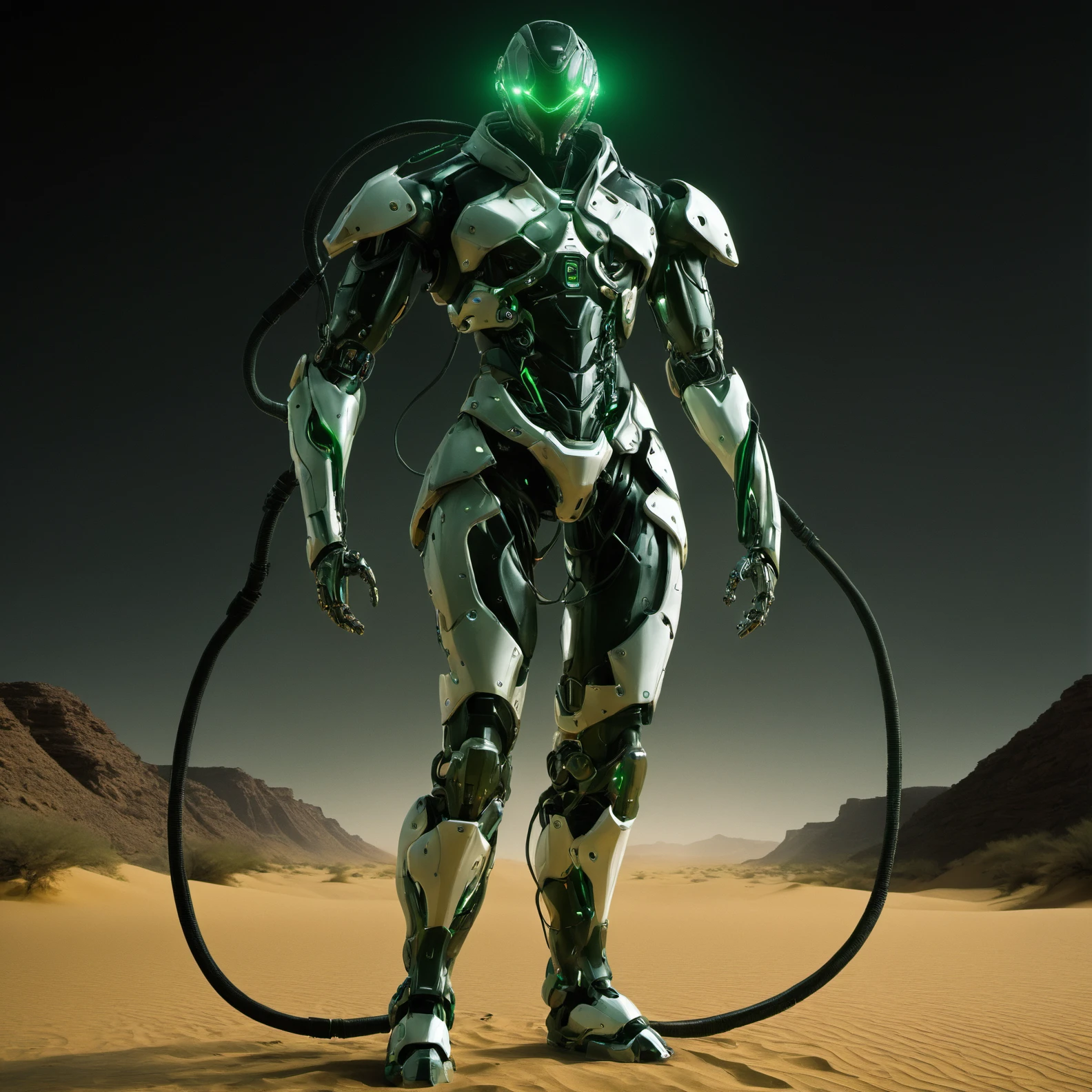 FUNDING,future,concept robot,simple background,1boy,standing,male focus,helmet,robot,black background,science fiction,cable,cyborg,wire,humanoid robot,<lora:FN_WeiLai:1.2>,black and white robots,full_body,there is a green light emitting from the gaps in the armor,future robot,desert,standing in the desert,complex background,