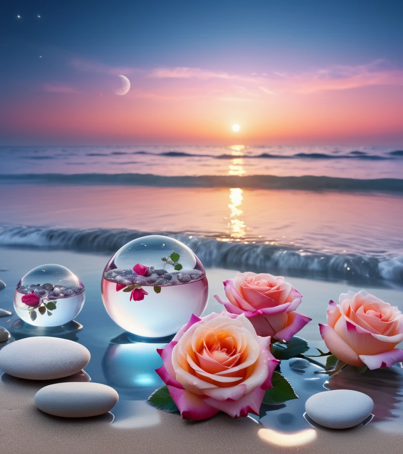 waning moon. flowers roses, stones transparent and diamond crystal in water, on the beach, fantasy, smoke , photo, HD, 8K ,