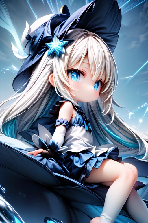 (blue_theme, water_scenery:1.2), absurdres, highres, (official art, thunder, beautiful and aesthetic:1.2), best_quality, masterpiece, 1girl, badass, (faint_smile, closed_mouth:1.2), (cute, petite, kawaii:1.4), profile, character_profile, (sitting:1.2), from_side, (blue_miniskirt, white_frilled_shirt, fingerless_gloves, white_trim, hair_ornament:1.4), (white_hair, multicolored_hair, blue_eyes, dual_colored_eyes, multicolored_eyes:1.5), (french_braid, long_hair, blue_headwear:1.2), shoulder_sash, colorful, (close-up:1.2), white_legwear, abyss eyes,Shiny skin,oil, Tzeentch,extremely detailed CG unity 8k wallpaper,masterpiece, ((ultra-detailed)), ((illustration)),colorful,wallpaper,energy,Unknown terror,arcane,Around the magic,magic surrounds,pages flying all over the sky,Know it all,Predicting the Future,Know the past,Infinite wisdom,Warlock,Magical Circle,Pentagram,incantation,mantra,Singing magic, (shining eyes:1.2), (fractal art, (kaleidoscope:0.9), colorfield painting, (shine effects, seraph effects, lighting effects:1.1), (blue_and_white_theme:1.5)