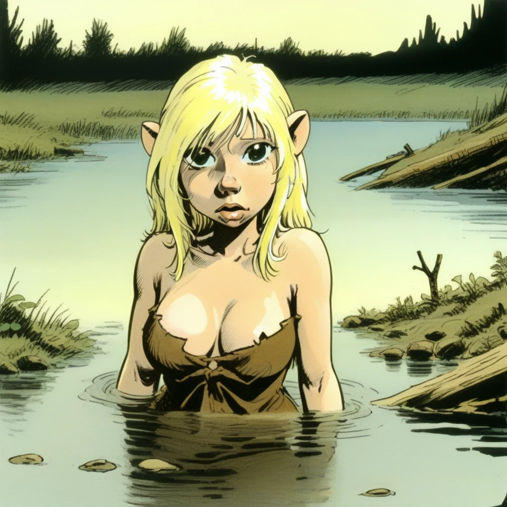 szninkiel Gwel a girl in a tattered dress takes a bath in the river , cartoon <lora:szninkiel:0.8>
