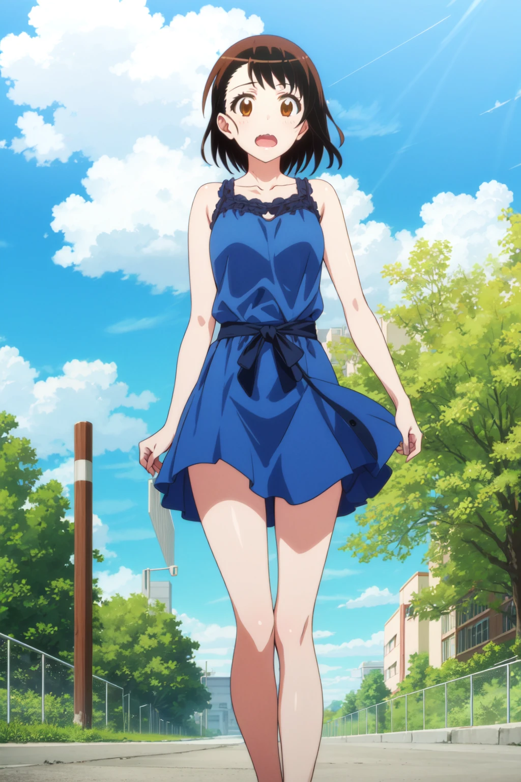 <lora:anime_screencap_v2:0.3> tall body, tall, long legs, mature female, mature, adult, <lora:GoodHands-beta2:1.4>
<lora:eft_nisekoi_ondera-02:1>, eft_nisekoi_ondera, 1girl, solo, brown eyes, outdoors, brown hair, day, open mouth, cloud, sky, wavy mouth, tree, short hair, looking at viewer, standing, collarbone