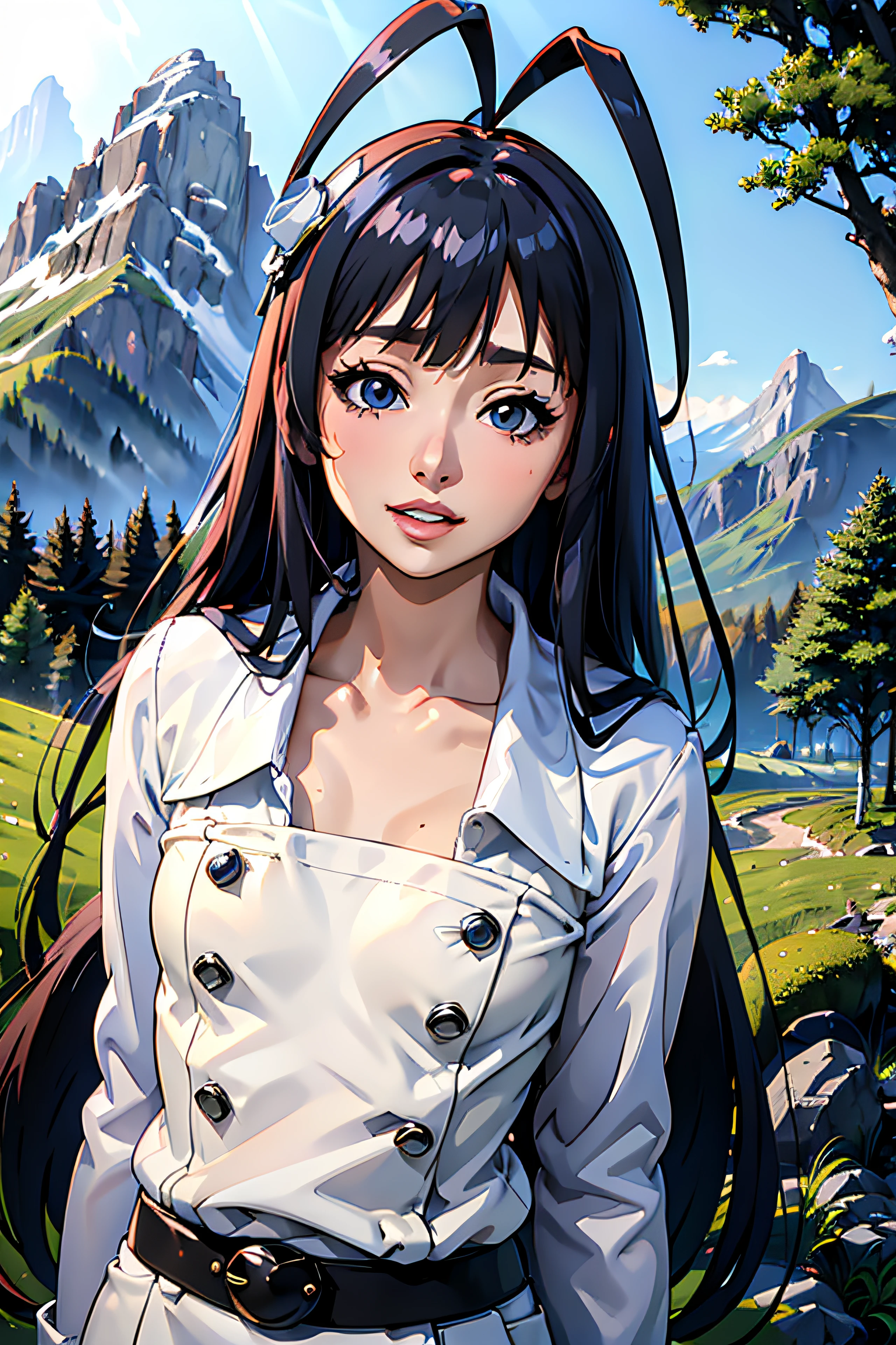 masterpiece,ultra detailed,giseledef, mini hat, upper body,antenna hair,  otoko no ko, parted lips, smile, flat breast,(eyes wide open:1.1),
mountain,forest,