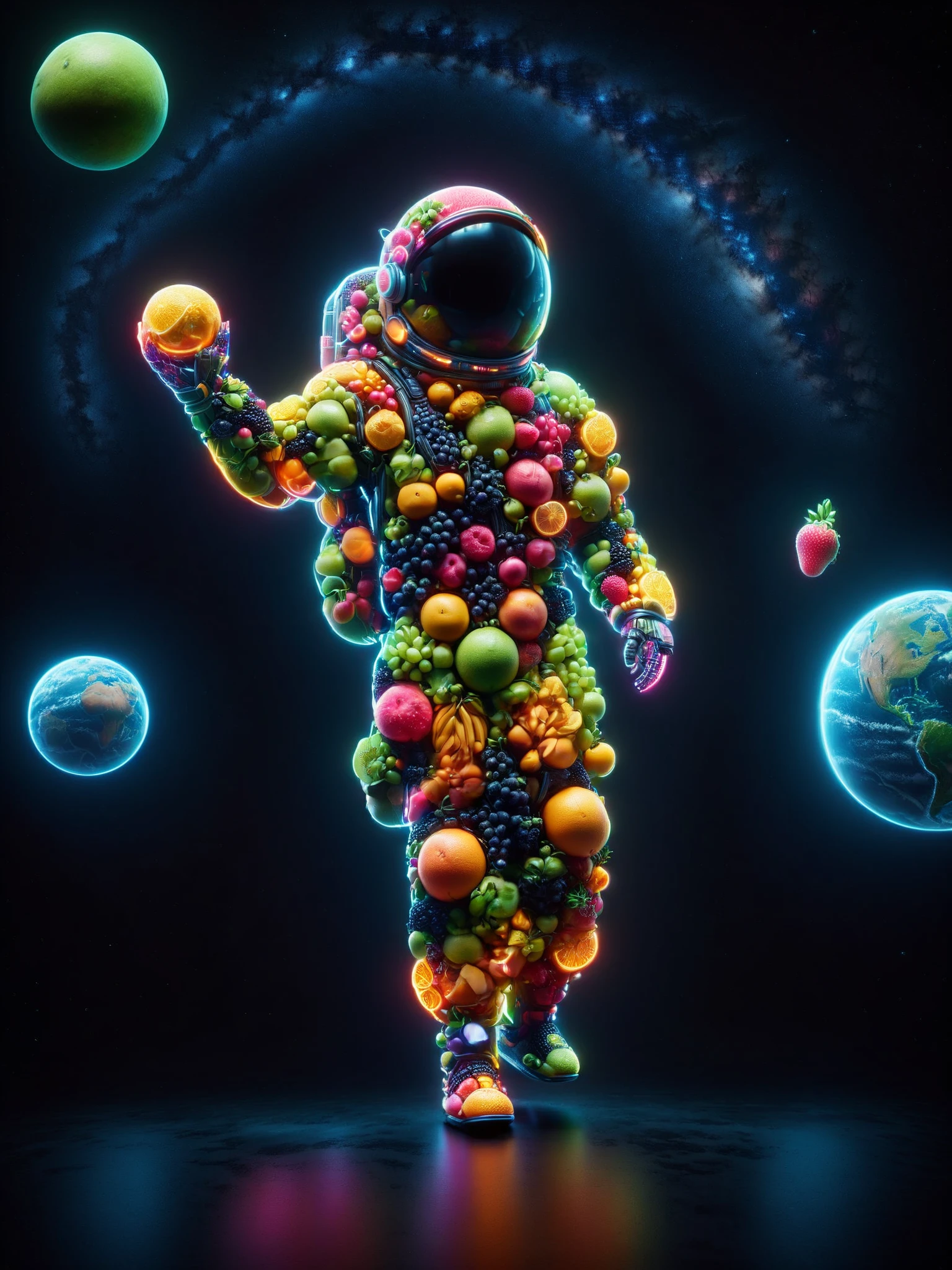 astronaut mad-frts floating in space, fullbody view, earth in the background, neon, fruits <lora:Neon_Fruits_Style_SDXL:1.3>, masterpiece, best quality, ultra high res, (photorealistic, realistic:1.2), deep shadow, raw photo, film grain, Fujifilm XT3, 8k uhd, dslr